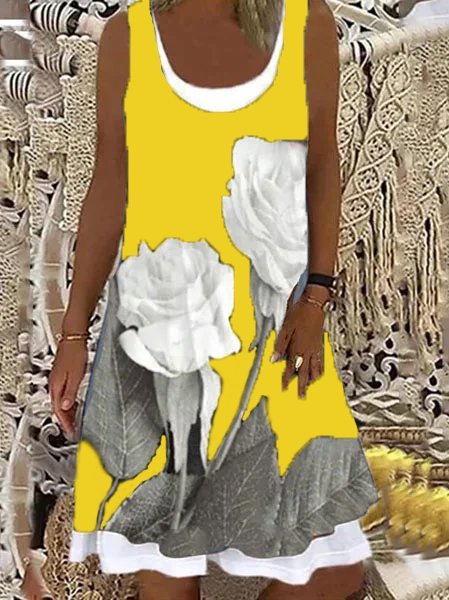 

Floral Crew Neck Casual Knitting Dress, Yellow, Floral Dresses