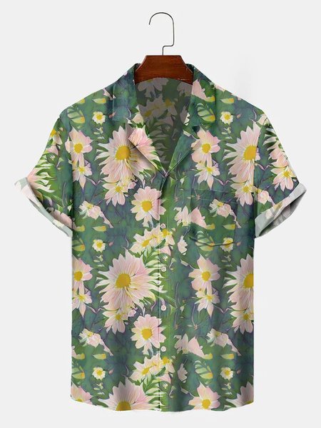

Men's New Style Short Sleeve Casual Loose Shirt, Green, Men's Floral shirt