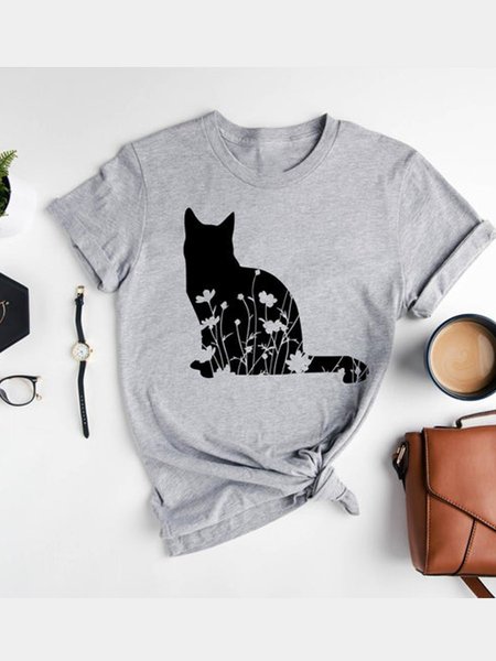 

Floral Cat Women Tshirt, Gray, T-shirts