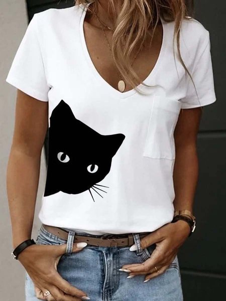 

V Neck Casual Short Sleeve T-shirt, White, T-Shirts