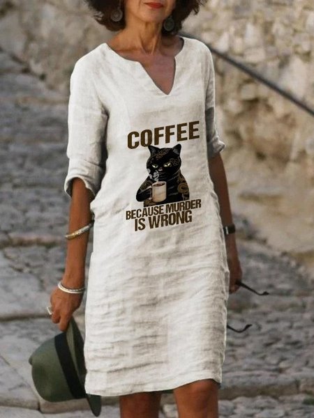 

Animal Letter Cat Printed V Neck Casual Cotton-Blend Weaving Dress, White, Casual Dresses