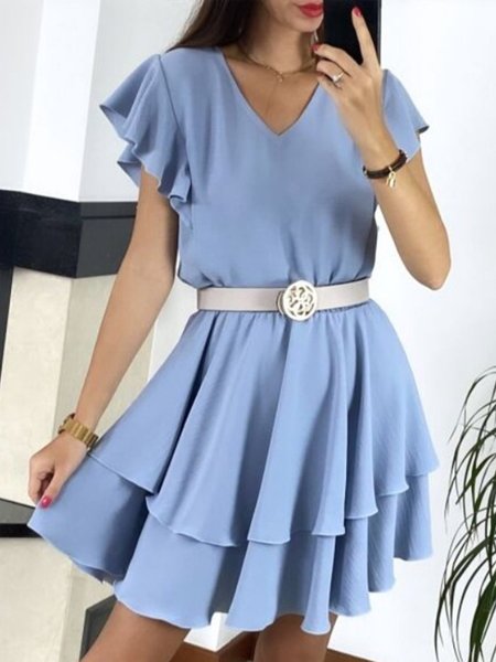 

Resort Daily V Neck Short Sleeve Mini Dress, Sky blue, Mini Dresses