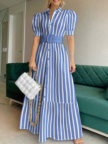 

Short Sleeve Stripes Shirt Collar Dress With Belt, Blue, Maxi Dresses