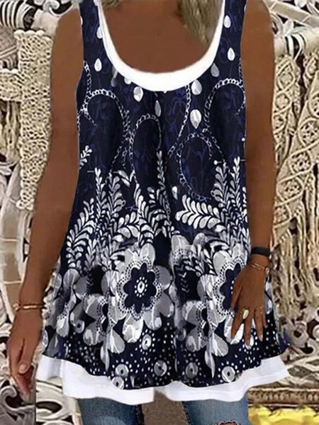 

Casual Floral Cotton-Blend Tops, As picture, Tanks & Camis
