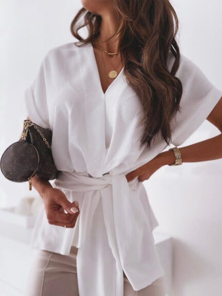

V Neck Solid Elegant Work Shift Blouse, White, Blouses and Shirts