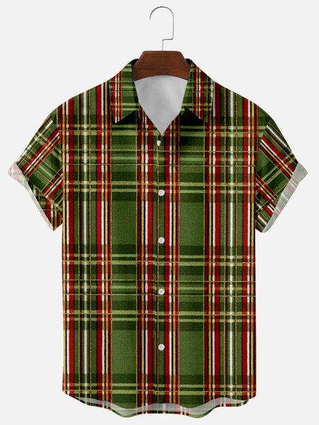 

Mens Vintage Plaid Print Lapel Casual Loose Short Sleeve Hawaiian Shirt, Green, Men's Floral shirt