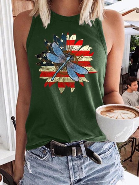 

American Flag And Dragonfly Women's Sleeveless Shirt, Dark green, T-shirts
