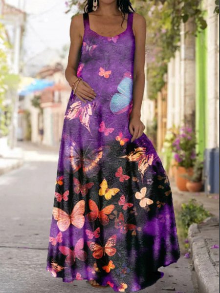 

Vintage Sleeveless Butterflly Geometric Printed Plus Size Casual Holiday Dresses, Purple, Dresses