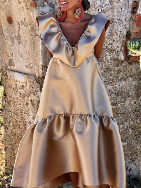 

V Neck Party Sleeveless Elegant Party Dress, Champagne, Maxi Dresses