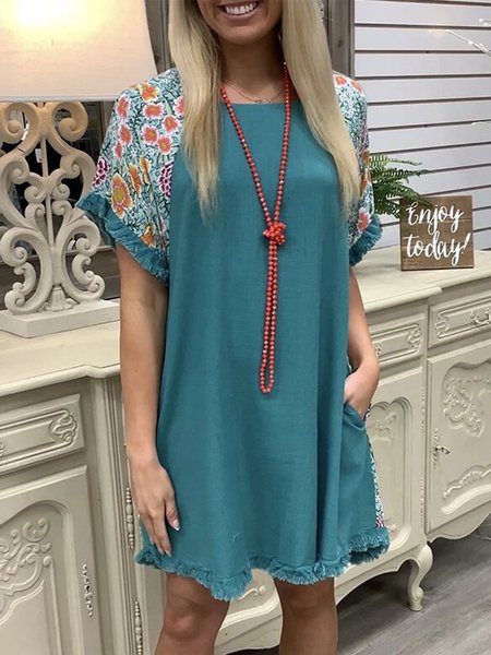 

Casual Floral Short Sleeve Mini Dress, Green, Mini Dresses
