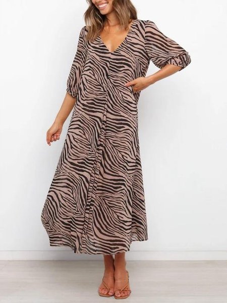 

V Neck Midi Dresses Shift Daily Casual Dress, Brown, Midi Dresses