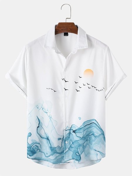 

Mens Chinese Style Ink Landscape Print Lapel Short Sleeve Shirt, White, Men's Floral shirt