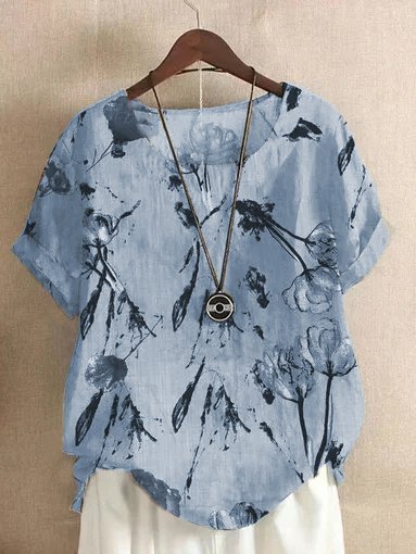 

Short Sleeve Crew Neck Casual Top, Blue, Blouses & Shirts