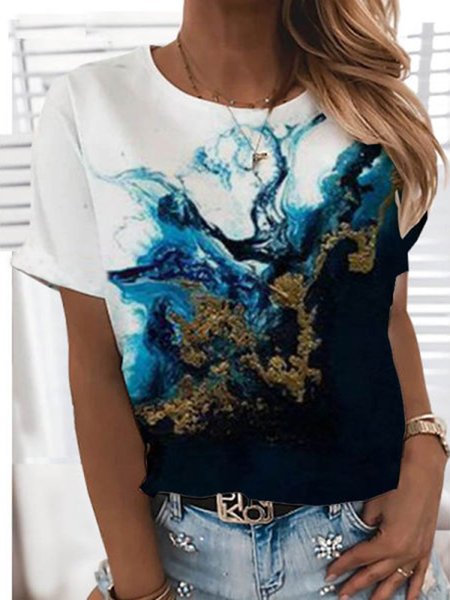 Casual Ombre/tie-Dye Printed Short Sleeve T-shirt, White, T-Shirts
