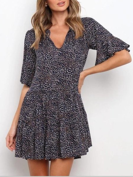 

V Neck Holiday Polka Dots Resort Mini Dress, Black, Mini Dresses