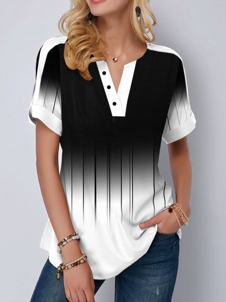 

Scollo a V Misto Cotone Casuale Top, Nero-bianco, Blouses & Shirts
