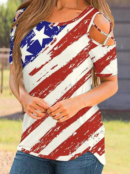 

American Flag Star Striped Criss-Cross Cold Shoulder Blouse, Red, T-shirts