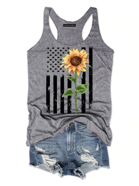 

American Flag And Sunflower Women's T-Shirt, Grey, Tank Tops