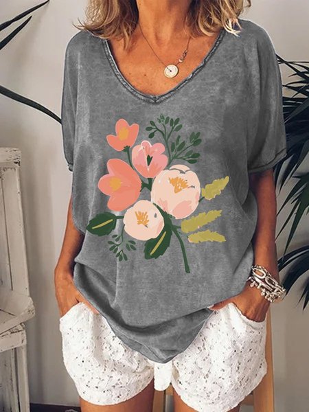 

Flowers Painting Women T-Shirt, Gray, T-shirts