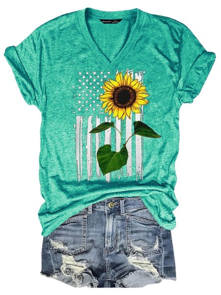 

American Flag And Sunflower Women's T-Shirt, Grass green, T-shirts