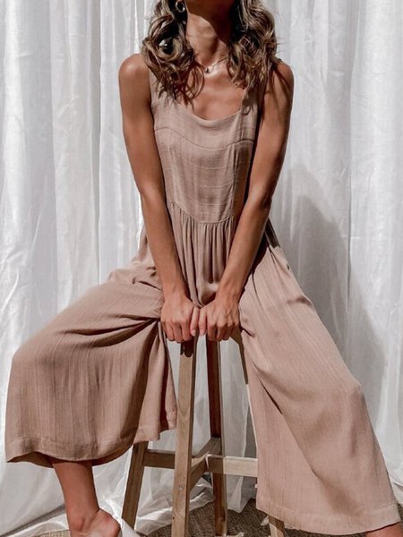 

Solid Shift Cotton Square Neck Sleeveless One-Pieces, Light khaki, Jumpsuits