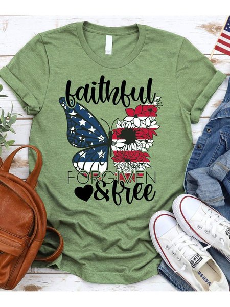 

Faithful Forgiven and Free American Flag Butterfly Graphic Tee, Army green, T-shirts