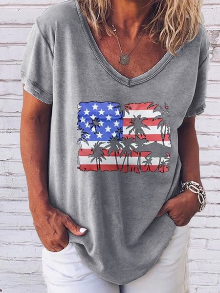 

American Flag Coconut Tree V Neck Shirts & Tops, Gray, T-shirts