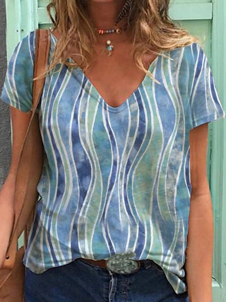 

Geometrico Scollo a V Casuale Top, Blu, Blouses & Shirts