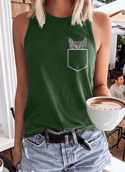 

Pocket Cat Graphic Sleeveless Tank Top, Dark green, Tank Tops