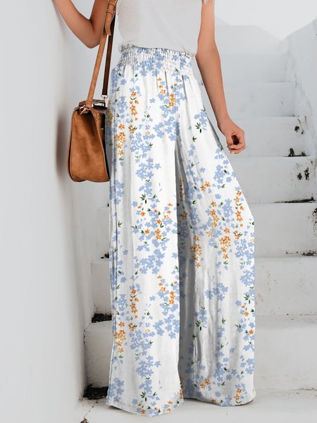 

Holiday Casual Floral Printed Loose Wide Leg Pants, White, Pants