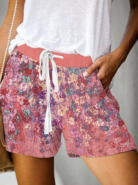 

Vintage Floral Printed Plus Size Casual Shorts, Wine red, Shorts