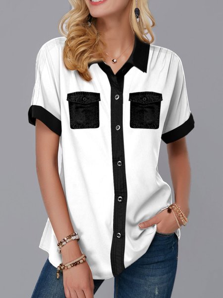 

Casual Shirt Collar Cotton-Blend Shirts & Tops, White, Blouses & Shirts