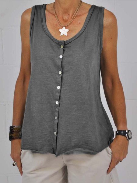 

Buttoned Solid Cotton-Blend Shirts & Tops, Gray, Tops