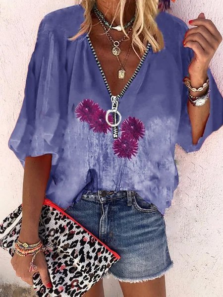 

Floral Casual V Neck Tops, Blue, Tops