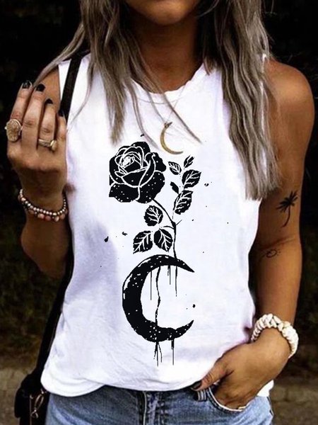 

Moon Rose Drawing Tattoo Women Vests, White, Tank Tops