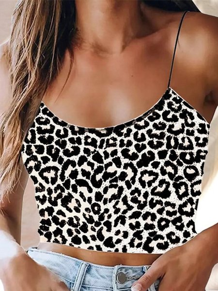 

Leopard print fashion casual tops, White, Tanks & Camis