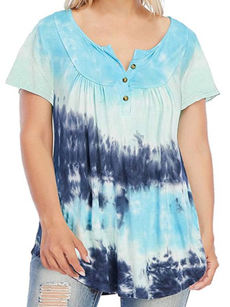 

ombre/tie-dye casual v neck Tops, Blue, T-Shirts
