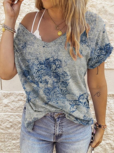 

Cotton-Blend V Neck Vintage Short Sleeve T-shirt, Gray, Tees & T-shirts