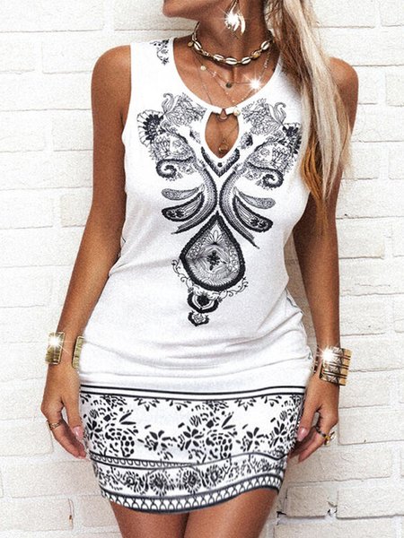 

Vintage Senza Maniche Geometrico Stampata Floreale Gonna Casuale, Bianco, Dresses