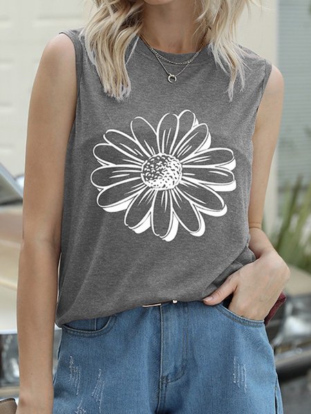 

Daisy Sleeveless Casual Crew Neck Vests, Light gray, Tank Tops