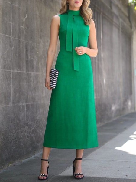 

Lady Solid Elegant Sleeveless Dress, Green, Midi Dresses