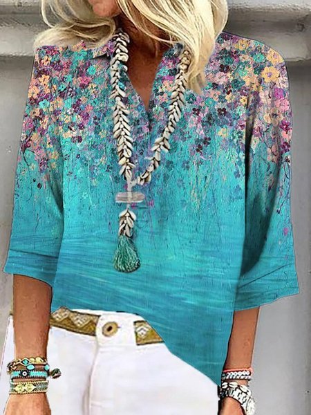 

Vacanza Dritto Floreale Mezza Manica Top, Blu, Blouses & Shirts
