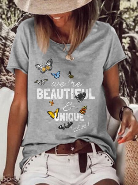 

Butterfly We're Beautiful & Unique Graphic Short Sleeve T Shirt, Gray, T-shirts