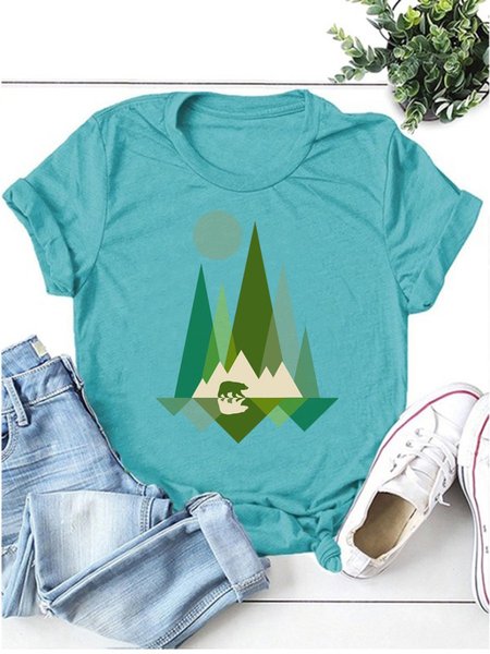 

Trees And Bear Women Animal Graphic Tee Crew Neck T-Shirt, Turquoise, T-shirts