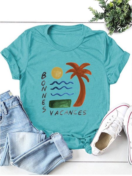 

Painterly Scenic Palm Beach Graphic Short Sleeve T Shirt, Turquoise, T-shirts