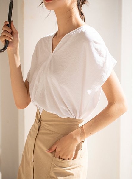 

V Neck Short Sleeve Tops, White, T-Shirts
