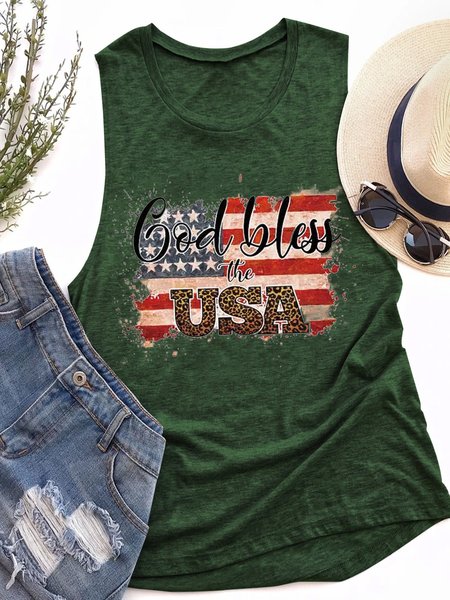 

God Bless The USA American Flag Star Striped Tank, Dark green, Tank Tops