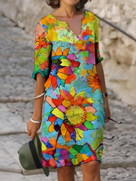 

Mezza Manica Stampato Floreale Floreale Scollo a V Abito, Multicolore, Linen & Cotton Dresses