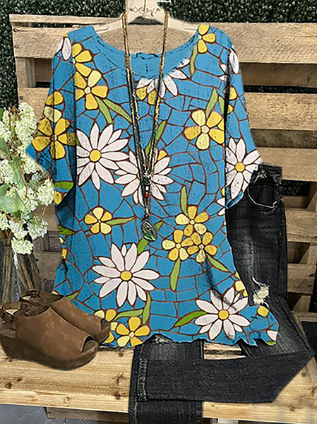 

Plus size Floral Short Sleeve Vintage Shirts & Tops, Blue, Tops