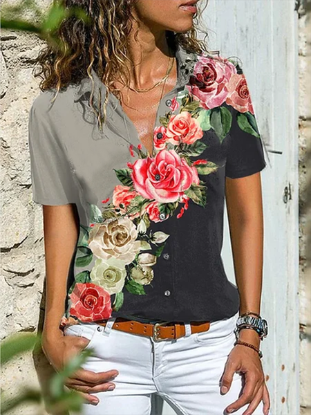 

Maniche Corte Casuale Stampato Floreale Top, Nero, Blouses & Shirts